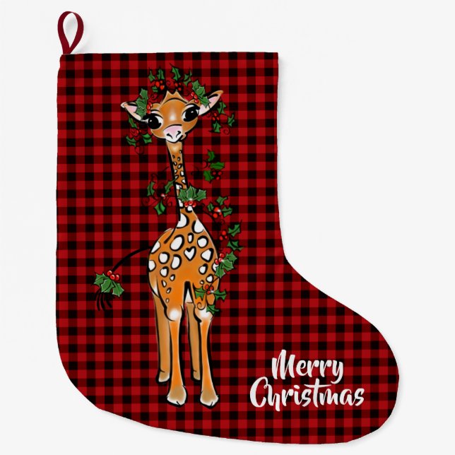 Feierliche Giraffe, Garland, Büffel kariert Großer Weihnachtsstrumpf (Vorderseite)