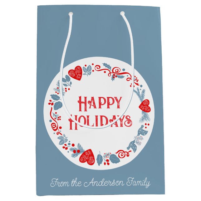 Feierliche glückliche Ferien Familienname blau Mittlere Geschenktüte (Vorderseite)