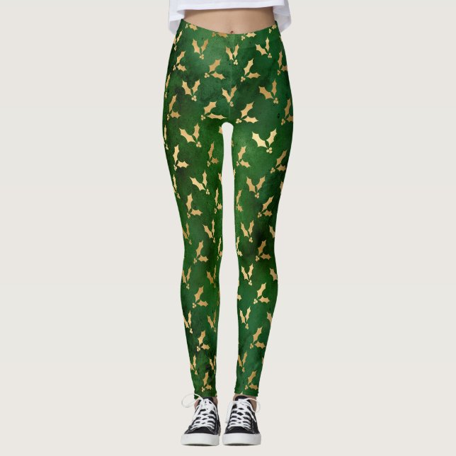 Feierliche Grün- und Goldfoil Weihnachtsfeier Leggings (Vorderseite)