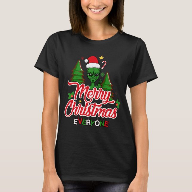 Feierliche Grüne Alien Waving Merry 2023 Weihnacht T-Shirt (Vorderseite)