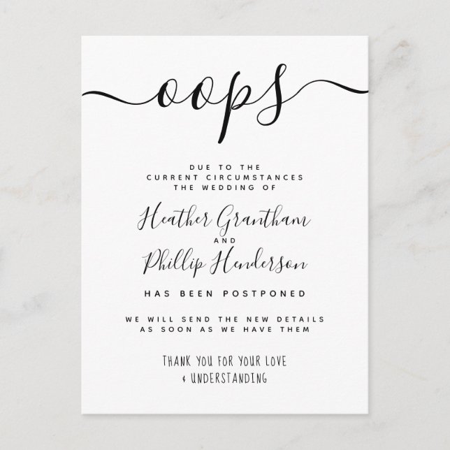 Feierliche Hochzeit der Oops verschoben Ankündigun Einladungspostkarte (Vorderseite)