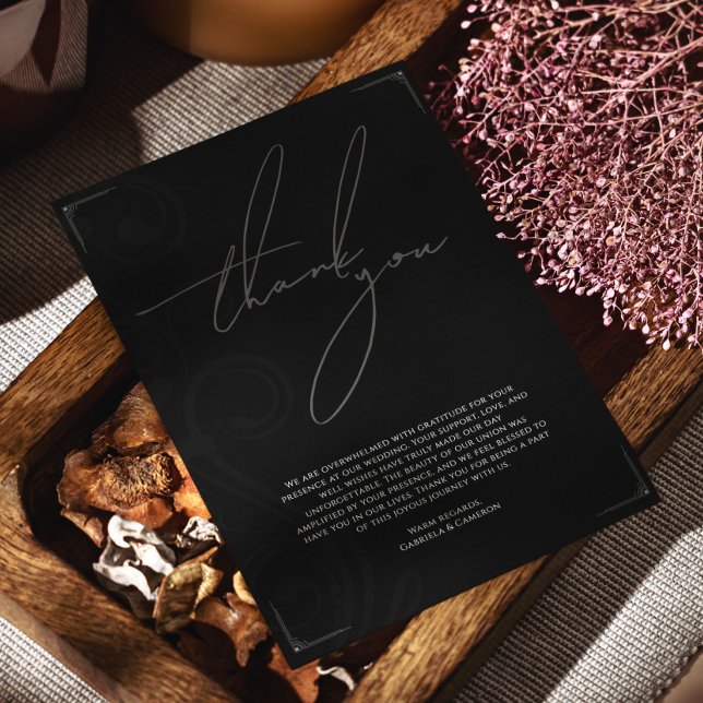 Feierliche Hochzeit in Schwarz und Weiß Dankeskarte (Von Creator hochgeladen)