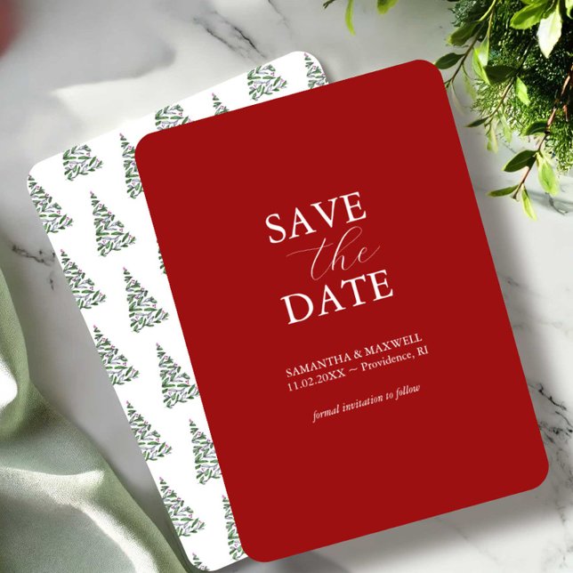 Feierliche Hochzeit speichern Datum Einladungen (Holiday wedding save the date invitations watercolor Christmas trees art by Victoria Grigaliunas)