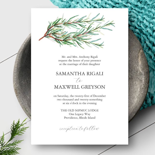Feierliche Hochzeitseinladungen Rustikale Botanica Einladung (micro wedding invitation features flat lay of a rosemary wedding invite in watercolor)