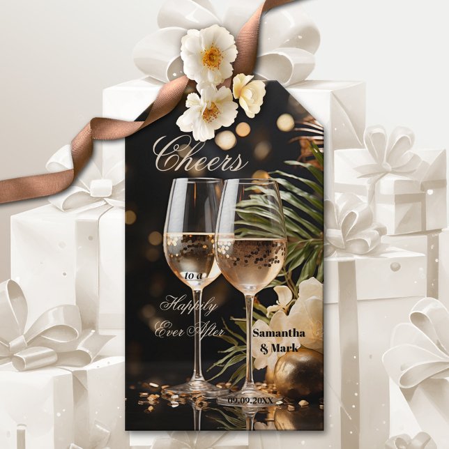 Feierliche Hochzeitsfeier Geschenkanhänger (Elegant wedding gift tag featuring festive drinks with sparkling lights and flowers - newly weds)