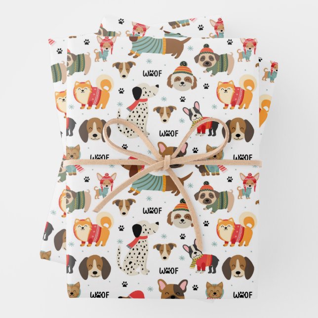 Feierliche Hunde im Urlaubsmuster Sweaters Geschenkpapier Set (Beispiel)
