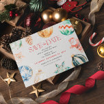 Feierliche Jingle & Mingle Weihnachten Save the Da<br><div class="desc">Mit unseren atemberaubenden Weihnachtsferien in Aquarellen Save the Date Postkarten können Sie Ihren Lieben den Urlaubssgeist vermitteln. Dieses wunderschöne Design zeigt eine Reihe festlicher Baubeldekorationen, die eine moderne Save the Date Vorlage bilden, die leicht mit eigenen Party-Details personalisiert werden kann. Fügen Sie eine Touch Winterwunder mit einem weißen Schneeüberlagerungen hinzu....</div>