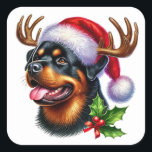 Feierliche Jungfrau mit Antler Style! Quadratischer Aufkleber<br><div class="desc">Ho,  wie gut! Dieser fröhliche Rottweiler rockt Rentiere-Geweih und verbreitet Urlaubsjubeln auf die bezauberndste Weise möglich!</div>