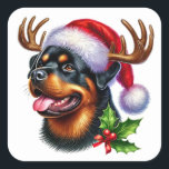 Feierliche Jungfrau mit Antler Style! Quadratischer Aufkleber<br><div class="desc">Ho,  wie gut! Dieser fröhliche Rottweiler rockt Rentiere-Geweih und verbreitet Urlaubsjubeln auf die bezauberndste Weise möglich!</div>