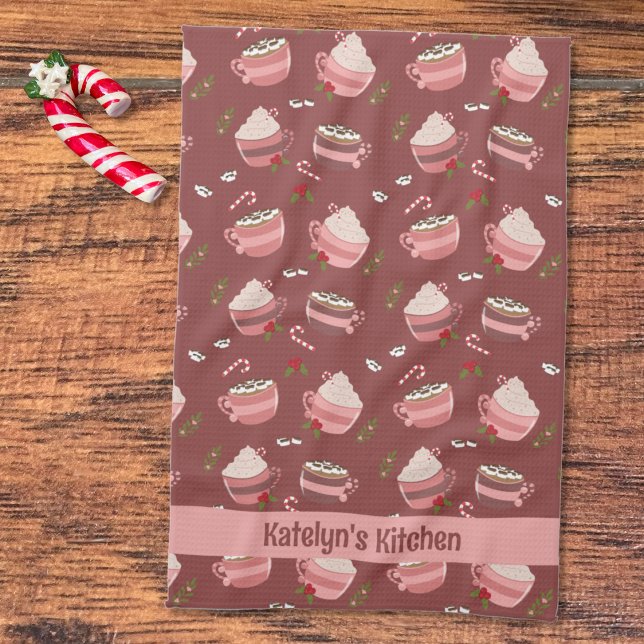 Feierliche Kakao-Tasse Muster Ferienwohnung Küche  Geschirrtuch (Festive hot cocoa mugs doodle pattern Holiday kitchen towel with name . )