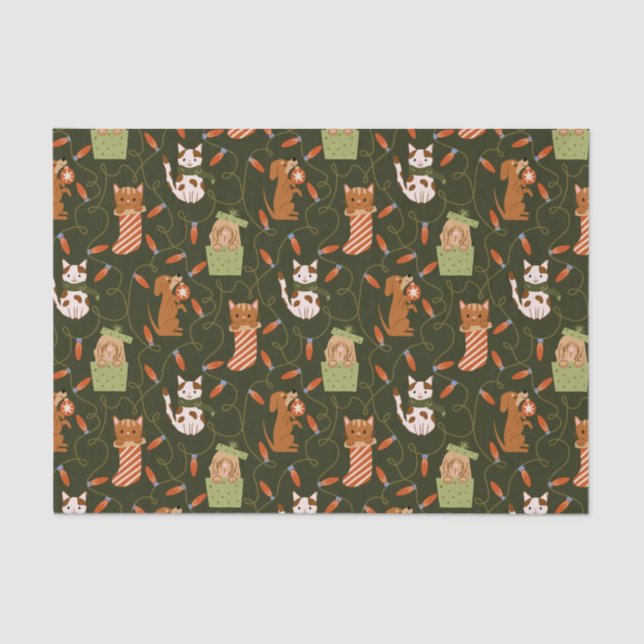 Feierliche Katze Hund Weihnachtsbeleuchtung Grün Seidenpapier (Vorderseite)