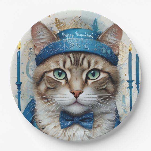 Feierliche Katze in Hanukkah verkleidet Gruß Pappteller (Vorderseite)