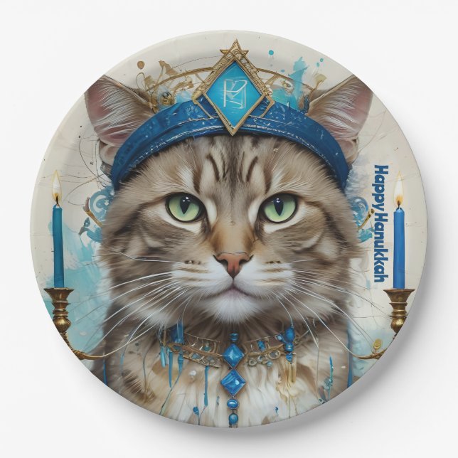 Feierliche Katze in Hanukkah verkleidet Gruß Pappteller (Vorderseite)