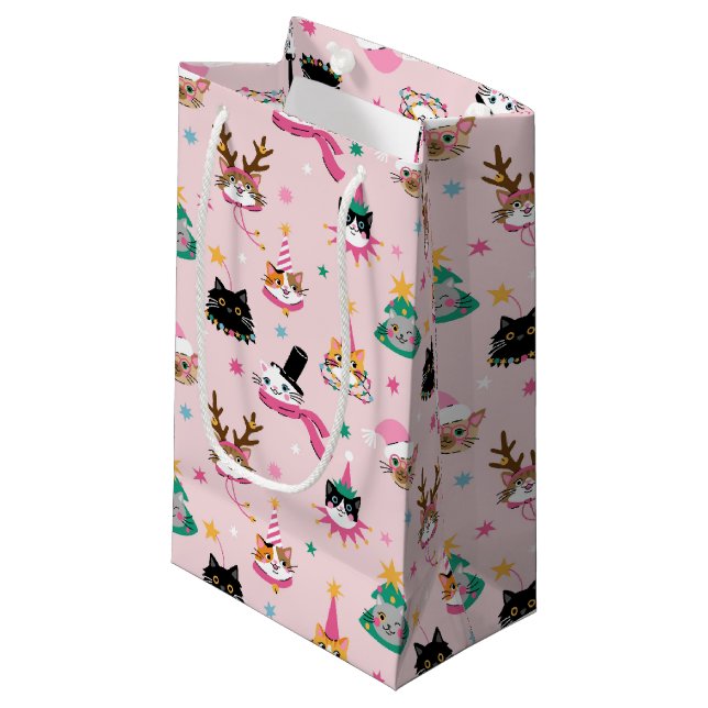 Feierliche Katzen Faces in Holiday Hats Muster Kleine Geschenktüte (Vorderseite Schrägansicht)