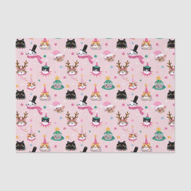 Feierliche Katzen Faces in Holiday Hats Muster Seidenpapier (Vorderseite)