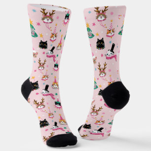 Feierliche Katzen Faces in Holiday Hats Muster Socken