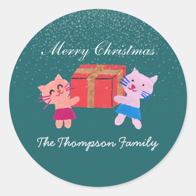 Feierliche Katzen mit dunkelgrüner Geschenkboxen W Runder Aufkleber (Vorderseite)