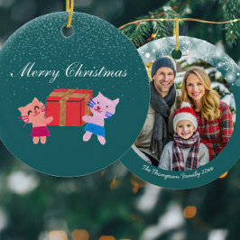 Feierliche Katzen mit Geschenkboxen dunkelgrün Wei Keramik Ornament