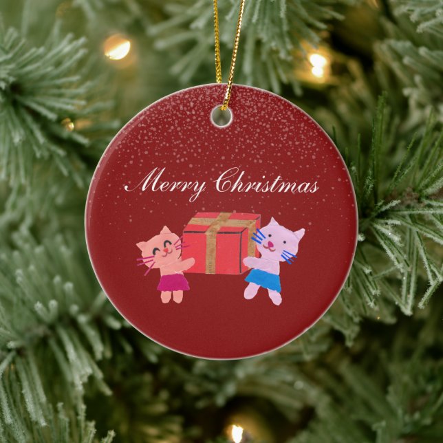 Feierliche Katzen mit Geschenkboxen Weihnachts-Fot Keramik Ornament (Baum)