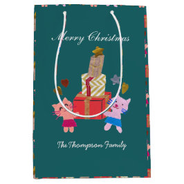 Feierliche Katzen mit heute grünen Weihnachten Mittlere Geschenktüte