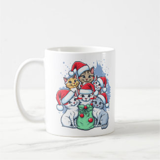 Feierliche Katzen mit Weihnachtsmannmützen und Fei Kaffeetasse