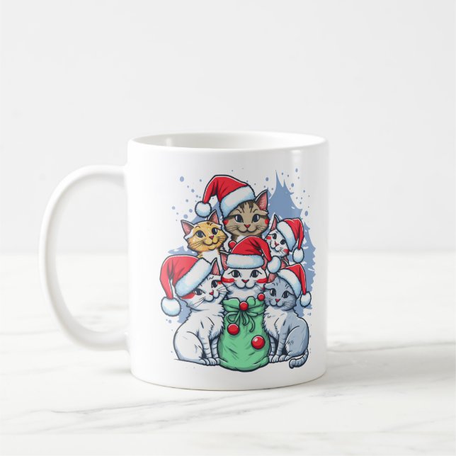 Feierliche Katzen mit Weihnachtsmannmützen und Fei Kaffeetasse (Links)