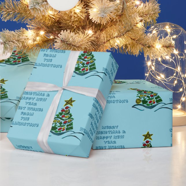 Feierliche Kraftelbaume am blauen Weihnachtsfest Geschenkpapier (Feiertage)