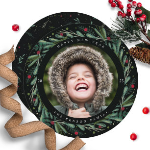 Feierliche Neujahrsfeier Blätter Berries Round Car Feiertagskarte