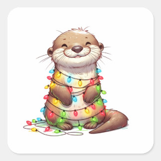 Feierliche Niedliche Weihnachten Otter in Lights u Quadratischer Aufkleber
