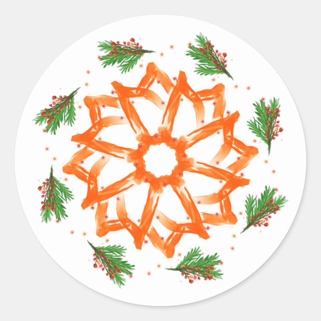 Feierliche Orange Bloral Weihnachten Runder Aufkleber (Vorderseite)