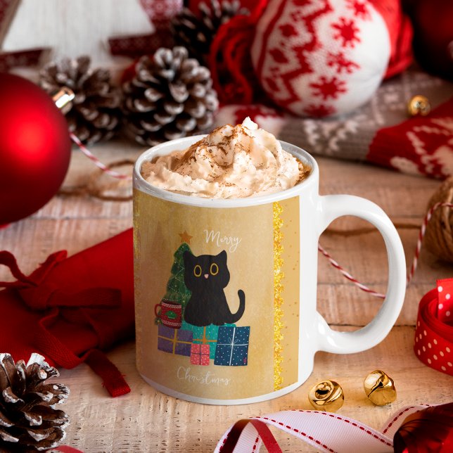 Feierliche Orange Frohe Weihnachts Black Cat Kaffe Kaffeetasse (Von Creator hochgeladen)