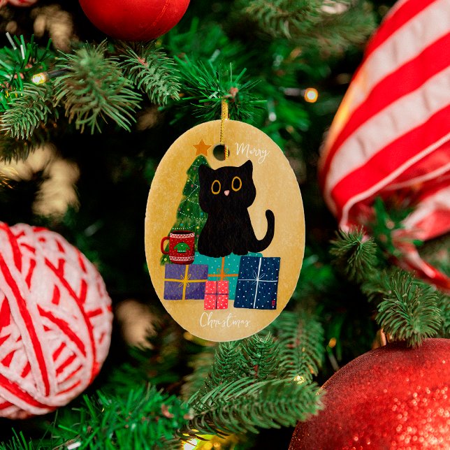 Feierliche Orange Frohe Weihnachts Black Cat Kaffe Keramik Ornament (Von Creator hochgeladen)