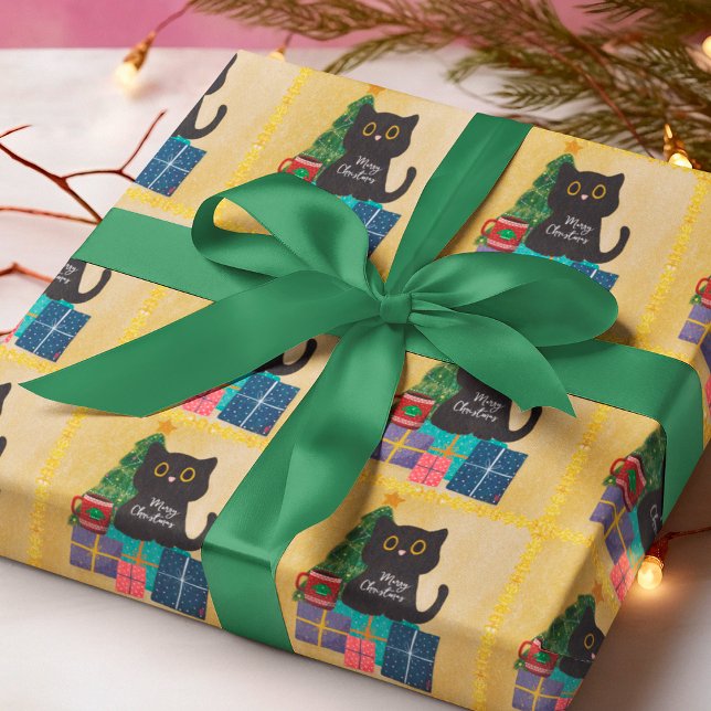 Feierliche Orange Gold Weihnachts Black Cat Kaffee Geschenkpapier (Von Creator hochgeladen)