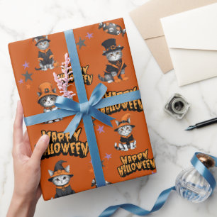 Feierliche Orange Hexenkatzen in Halloween-Verklei Geschenkpapier