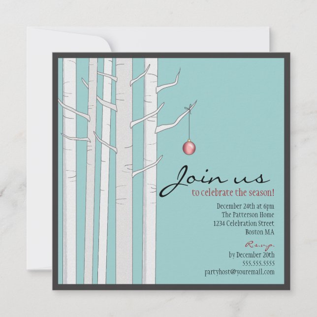 Feierliche Party - Birch Tree & Rotes Ornament Einladung (Vorderseite)