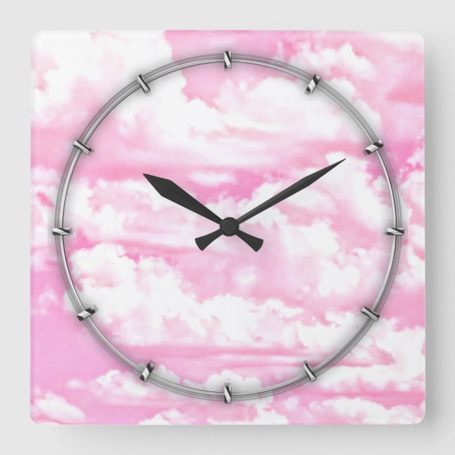 Feierliche Pastel Pink glückliche Wolken Quadratische Wanduhr (Vorderseite)