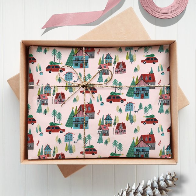 Feierliche Pink Village & Car Tree Retro Weihnacht Seidenpapier (Festive Pink Village & Car Tree Retro Christmas Tissue Paper)