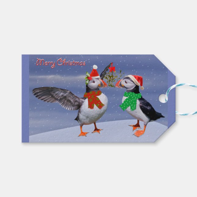 Feierliche Puffins Weihnachtsgeschenke Geschenkanhänger (Vorderseite (Horizontal))