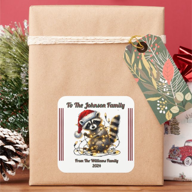 Feierliche Raccoon Weihnachtsgeschenk mit Charme Quadratischer Aufkleber (Feiertag)