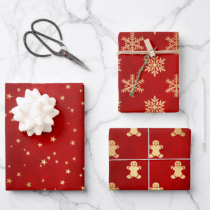 Feierliche Red & Gold Foil Winter Weihnachtsmuster Geschenkpapier Set
