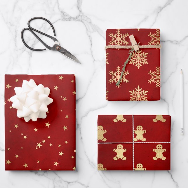 Feierliche Red & Gold Foil Winter Weihnachtsmuster Geschenkpapier Set (Vorderseite)