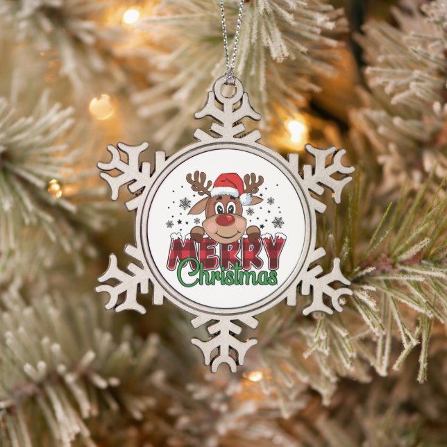 Feierliche Rentiere, frohe Weihnachten Schneeflocken Zinn-Ornament (Baum)