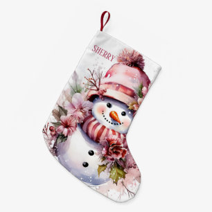 Feierliche Rosa Schneefrau gibt Namen Kleiner Weihnachtsstrumpf