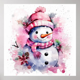 Feierliche Rosa Weihnachtsschneefrau Poster