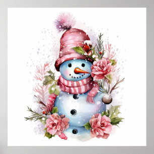 Feierliche Rosa Weihnachtsschneefrau Poster
