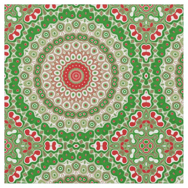 Feierliche Rot-Grün-Mandala mit Urlaubssymmetrie Stoff (Nahaufnahme)