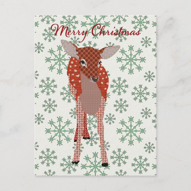 Feierliche Rote Fawn Green Snowflake Postcard Chri Postkarte (Vorderseite)