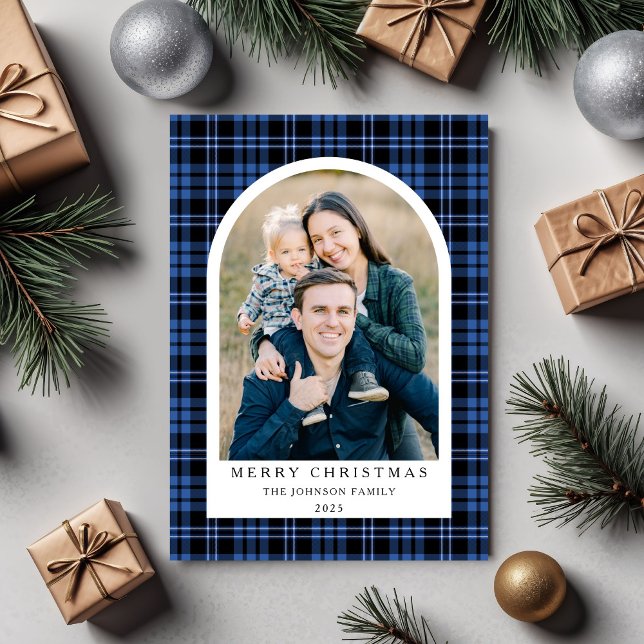 Feierliche Rote Karierte Foto Weihnachten (Festive Red Plaid Photo Christmas Holiday Card)