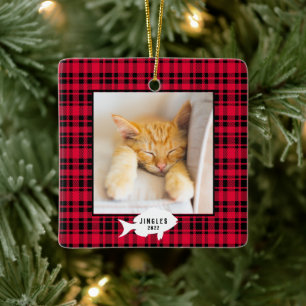 Feierliche Rote Karierte Katze Name Weihnachten Keramikornament