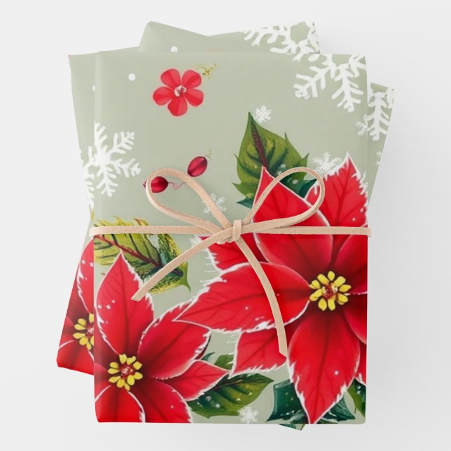Feierliche Rote Poinsettia und Schneeflocke Geschenkpapier Set (Beispiel)
